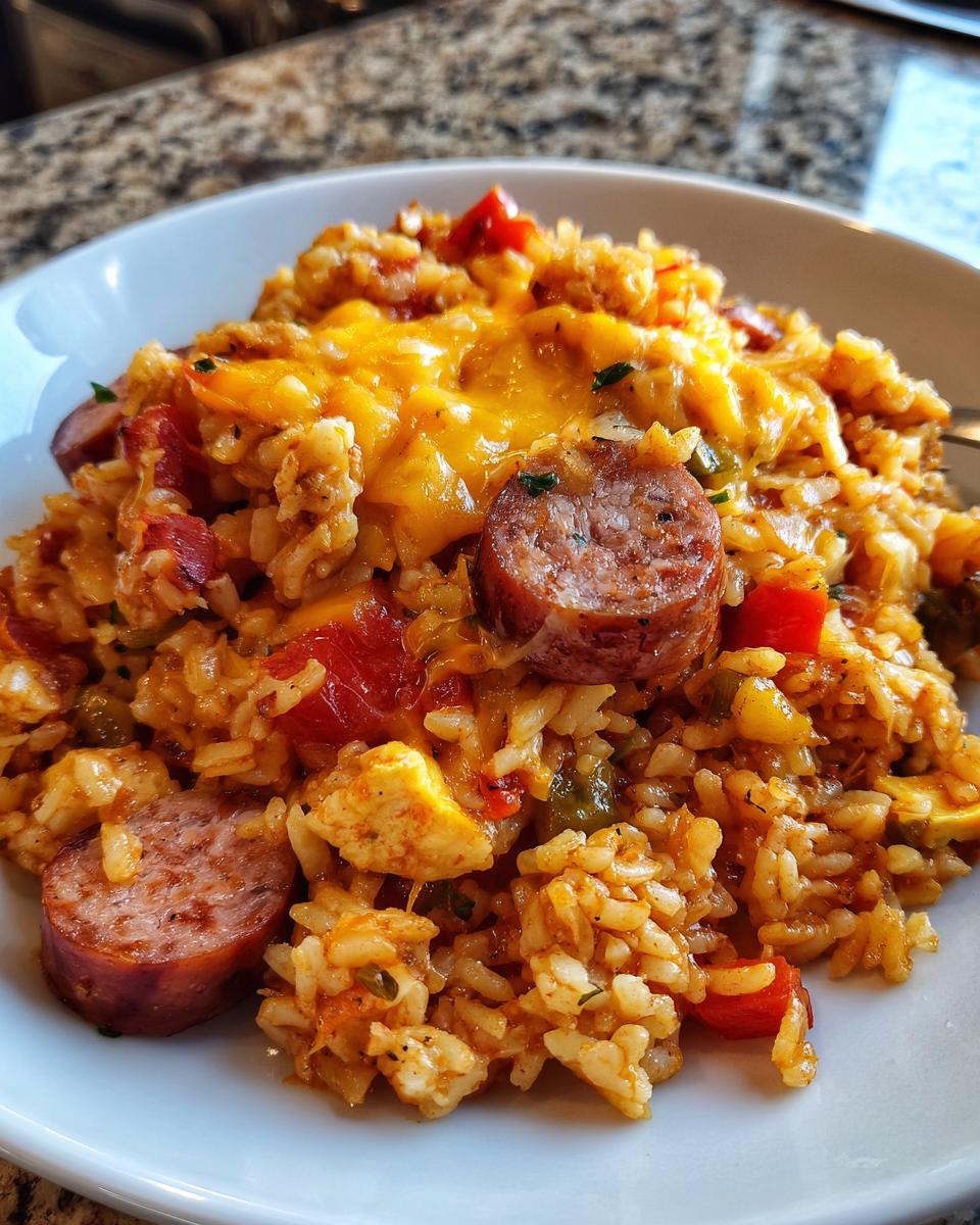 Close-up of cheesy sausage and rice mixed with vegetables served in a white bowl.
