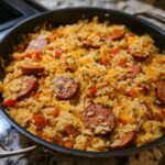 A close-up of cheesy sausage and rice cooked together in a single black skillet.