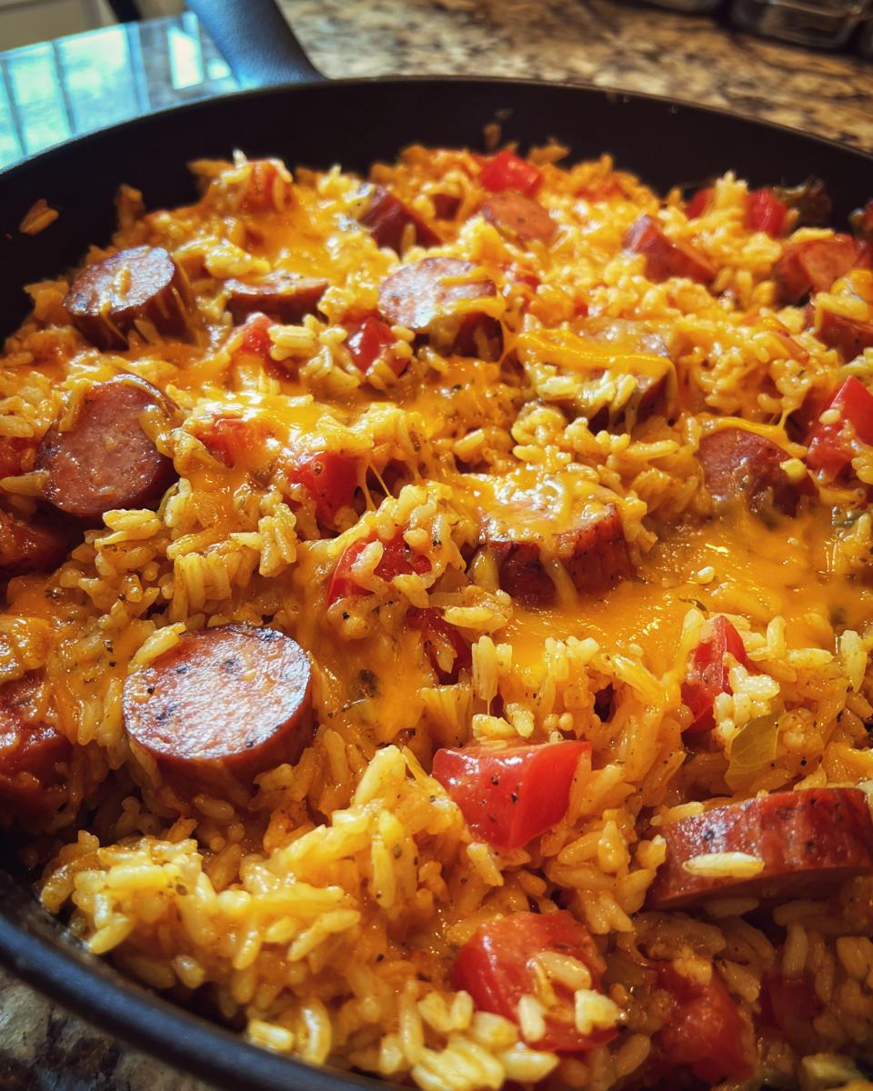 Close-up of cheesy sausage and rice cooked in a black skillet with visible chunks of tomato.