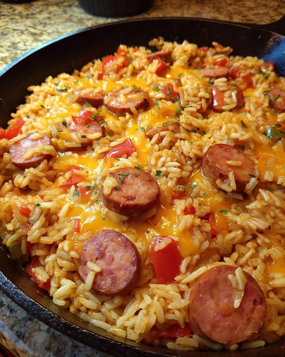 Close-up of cheesy sausage and rice mixture cooked in a black cast iron skillet, topped with melted cheddar.