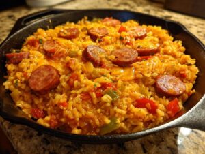 Close-up of cheesy sausage and rice cooked in a black cast iron skillet, featuring sliced smoked sausage.