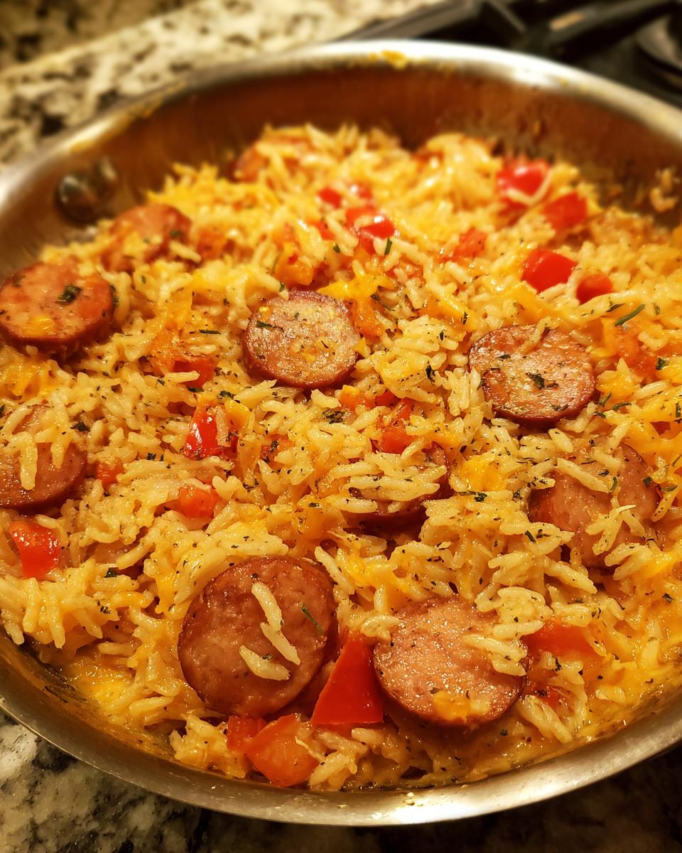 Close-up of cheesy sausage and rice mixed with diced red peppers in a stainless steel skillet.