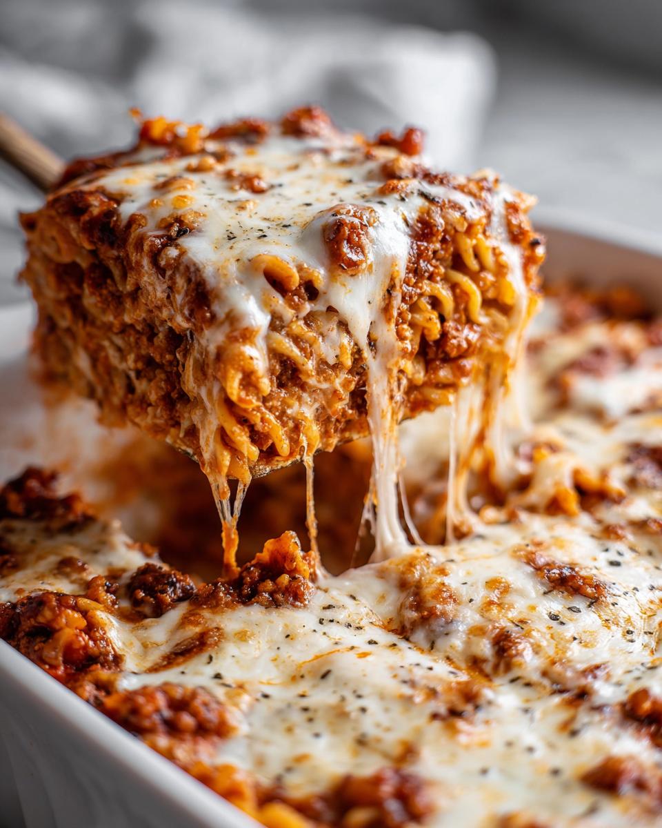 A scoop of cheesy pizza casserole being lifted from a white baking dish, showing long cheese pulls.