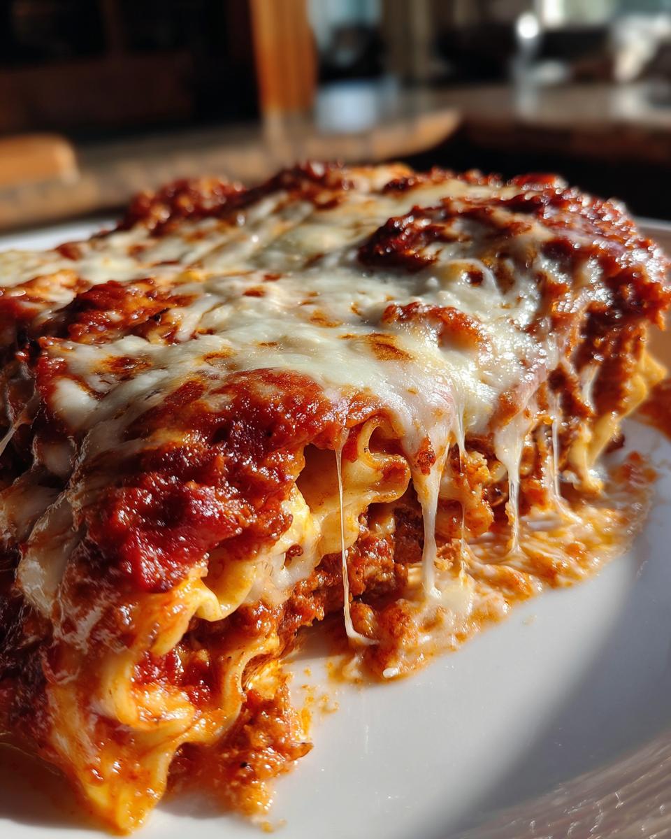 A close-up of a serving of lazy lasagna with rich meat sauce and melted, stringy mozzarella cheese.