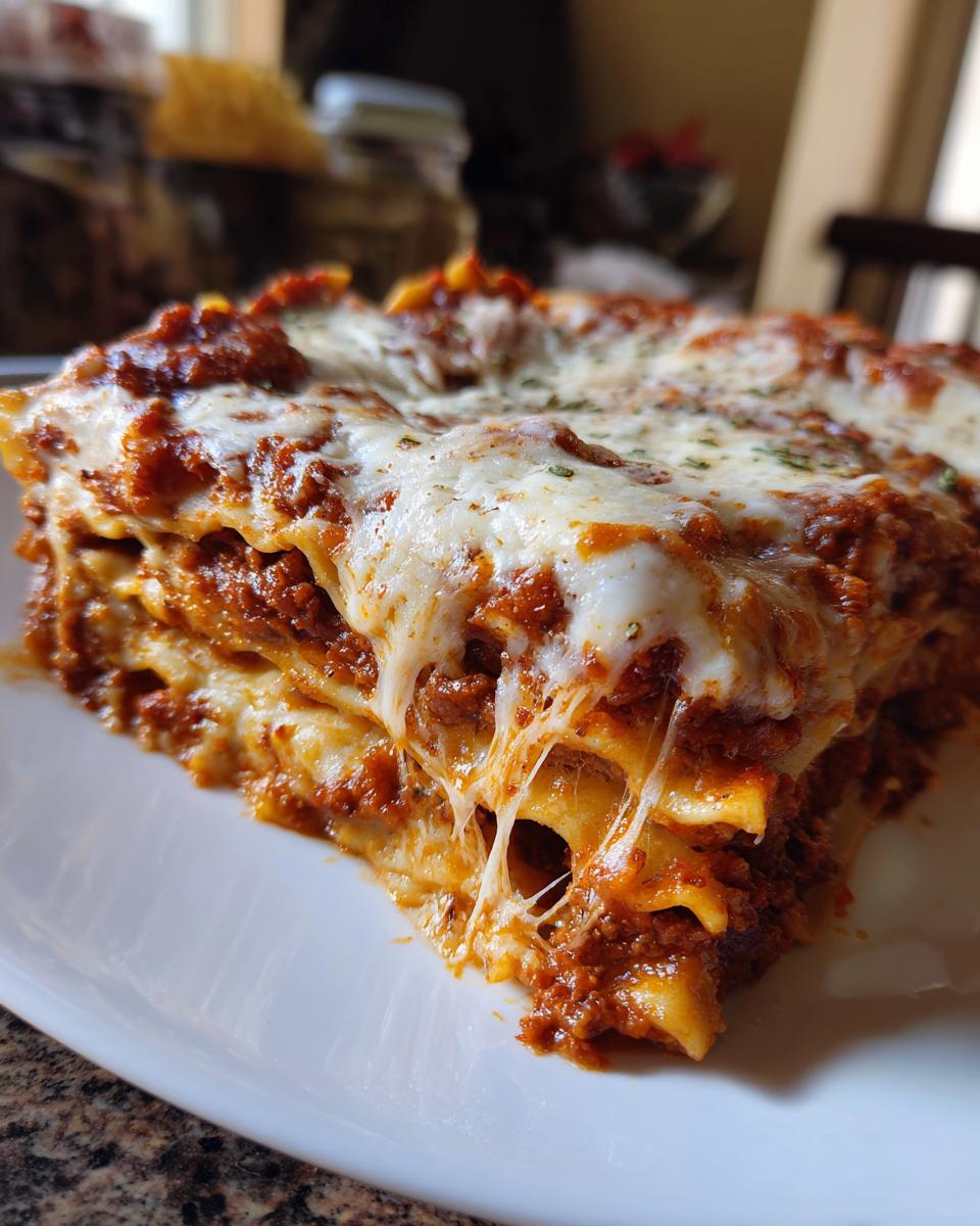 Close-up of a cheesy slice of lazy lasagna showing melted mozzarella cheese stretching between layers of pasta and meat sauce.