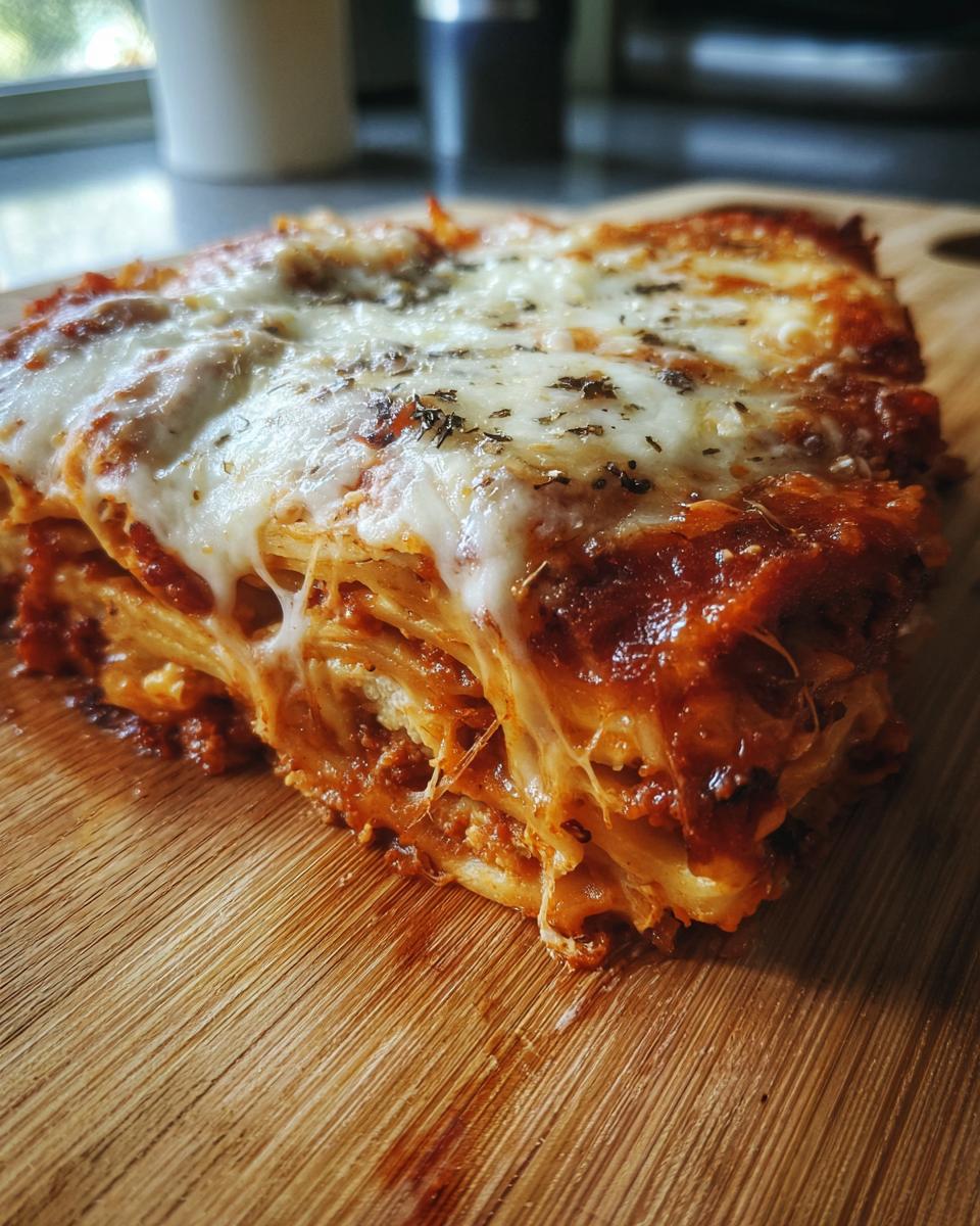 Close-up of a cheesy, saucy slice of lazy lasagna showing melted mozzarella and herbs.