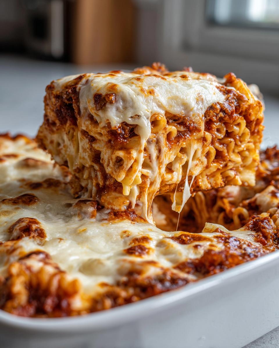 A gooey slice of pizza casserole with melted mozzarella cheese stretching as it is lifted from the baking dish.