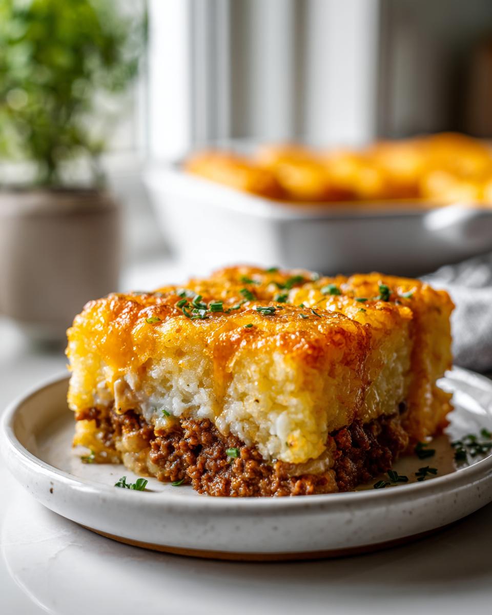 A thick slice of tater tot casserole with a browned cheese top and ground meat layer.