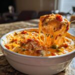 A spoonful of hot, cheesy rotel dip is lifted from a white bowl, showing long, gooey cheese pulls.