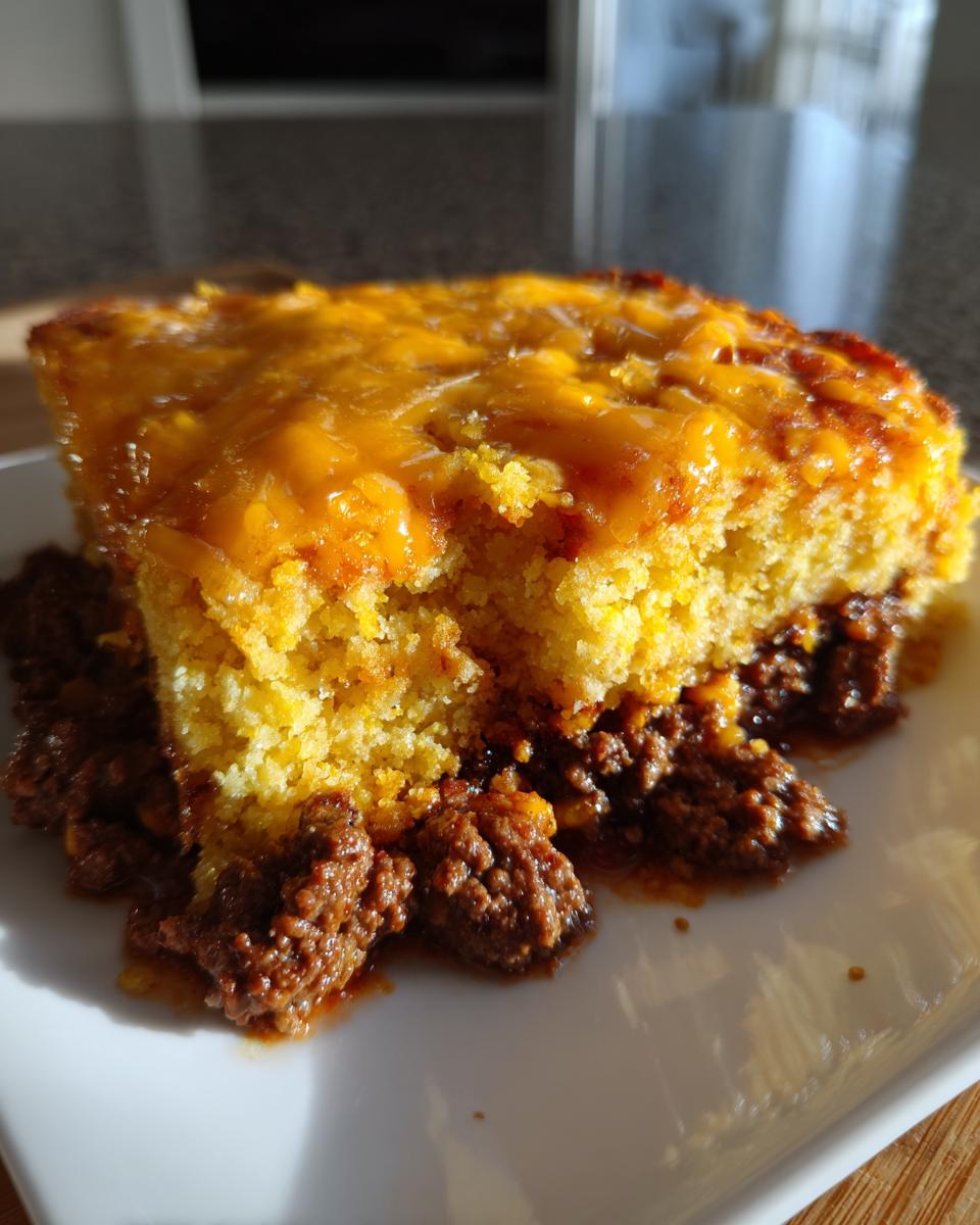 A close-up shot of a hearty slice of tamale pie showing a thick layer of cheesy cornbread over a rich, meaty chili base.