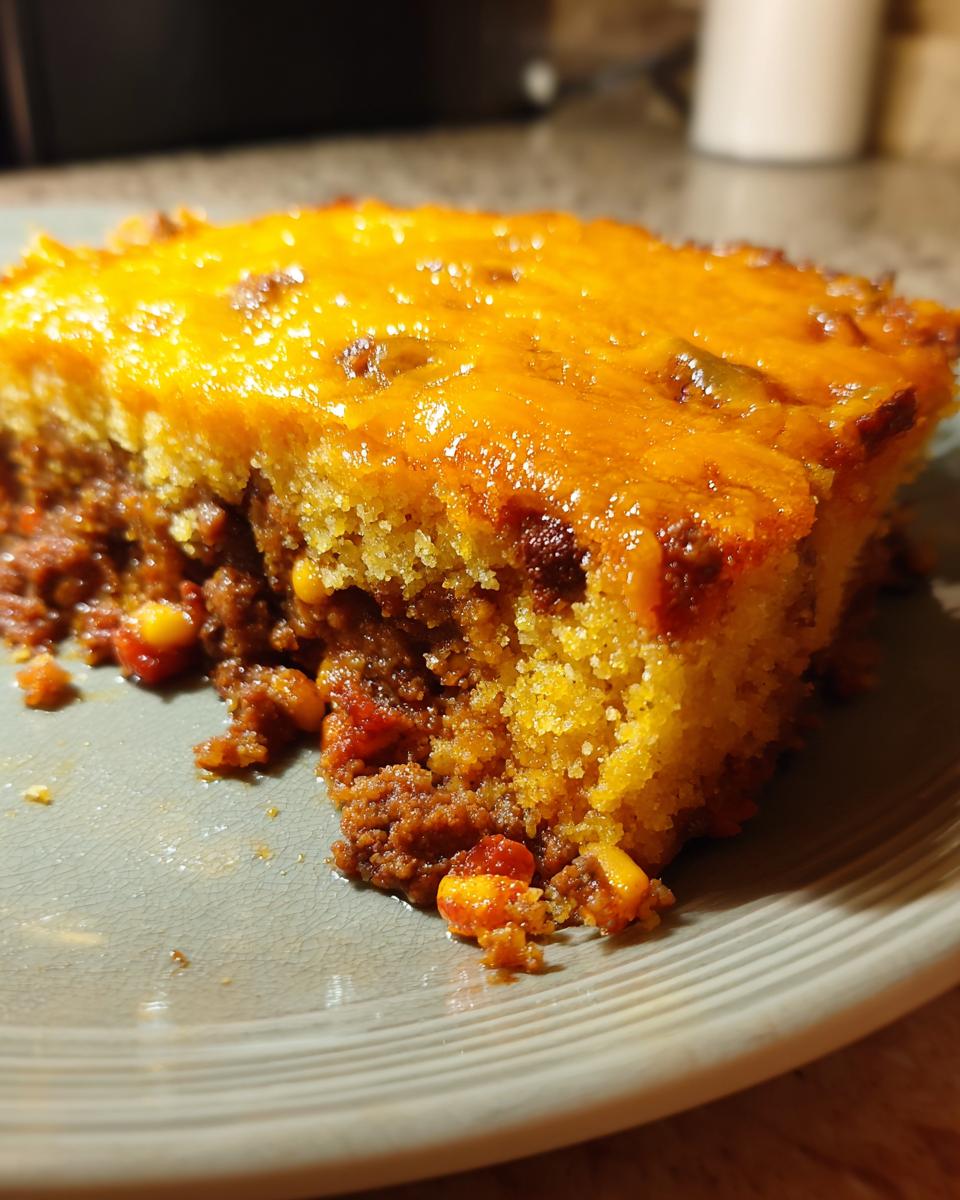 A close-up view of a hearty slice of tamale pie showing the seasoned meat filling and thick, cheesy cornbread topping.
