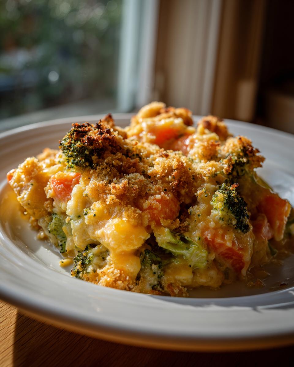 A close-up serving of cheesy vegetable casserole featuring broccoli and carrots, topped with golden brown breadcrumbs.