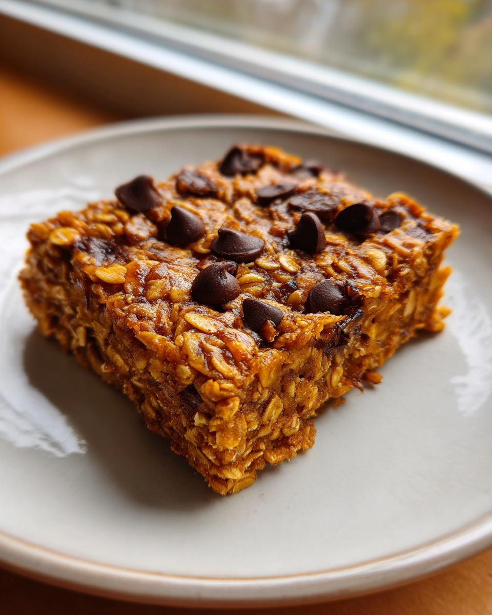 A close-up of a single, chewy banana oatmeal bars square topped with melted chocolate chips, sitting on a light plate.