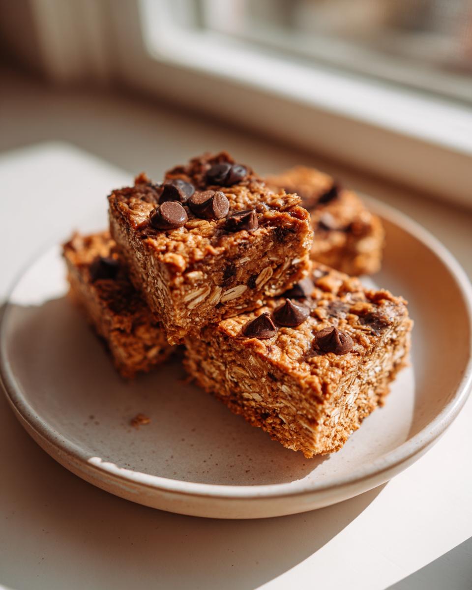 Close-up of three chewy banana oatmeal bars stacked on a speckled plate, topped with chocolate chips.