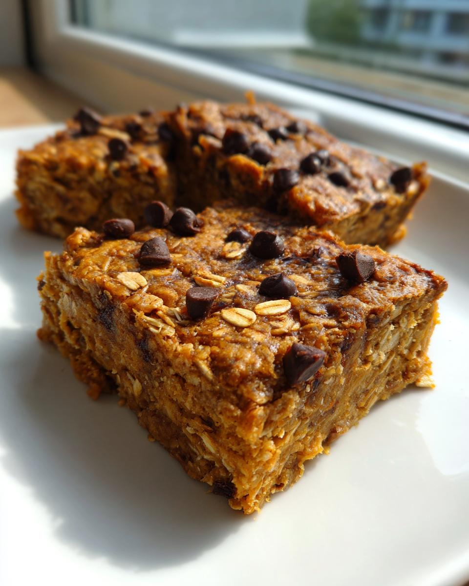 Close-up of chewy banana oatmeal bars topped with chocolate chips and visible rolled oats.