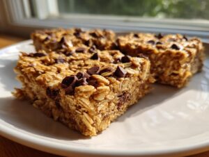 Close-up of three chewy banana oatmeal bars topped with chocolate chips on a white plate.