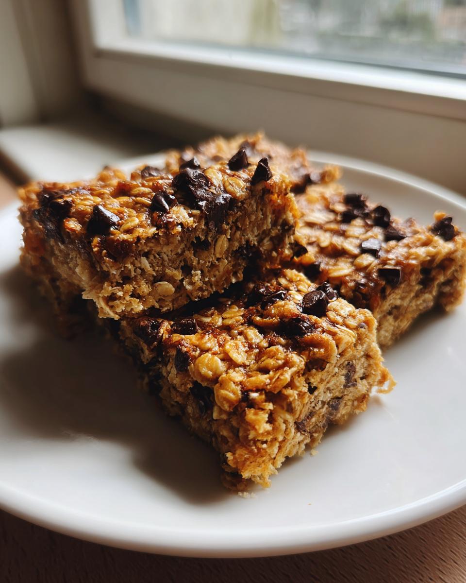 Close-up of three chewy banana oatmeal bars topped with dark chocolate chips on a white plate.
