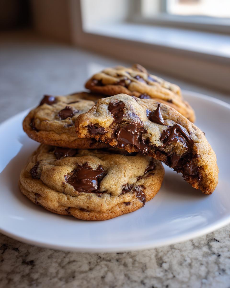 Stack of four chewy chocolate chip cookies, one broken open revealing melted chocolate pools.