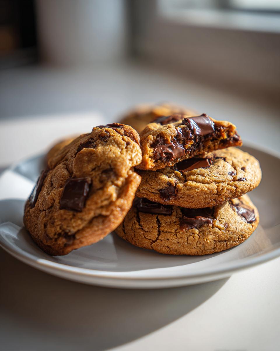 A stack of freshly baked chewy chocolate chip cookies, one broken open to show the gooey, melted chocolate center.