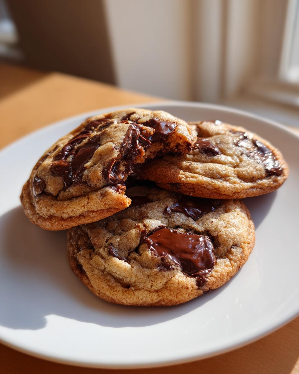 Three golden-brown chewy chocolate chip cookies stacked on a white plate, one broken open showing melted chocolate.