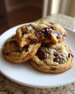Close-up of four chewy chocolate chip cookies, one broken open showing melted chocolate centers.