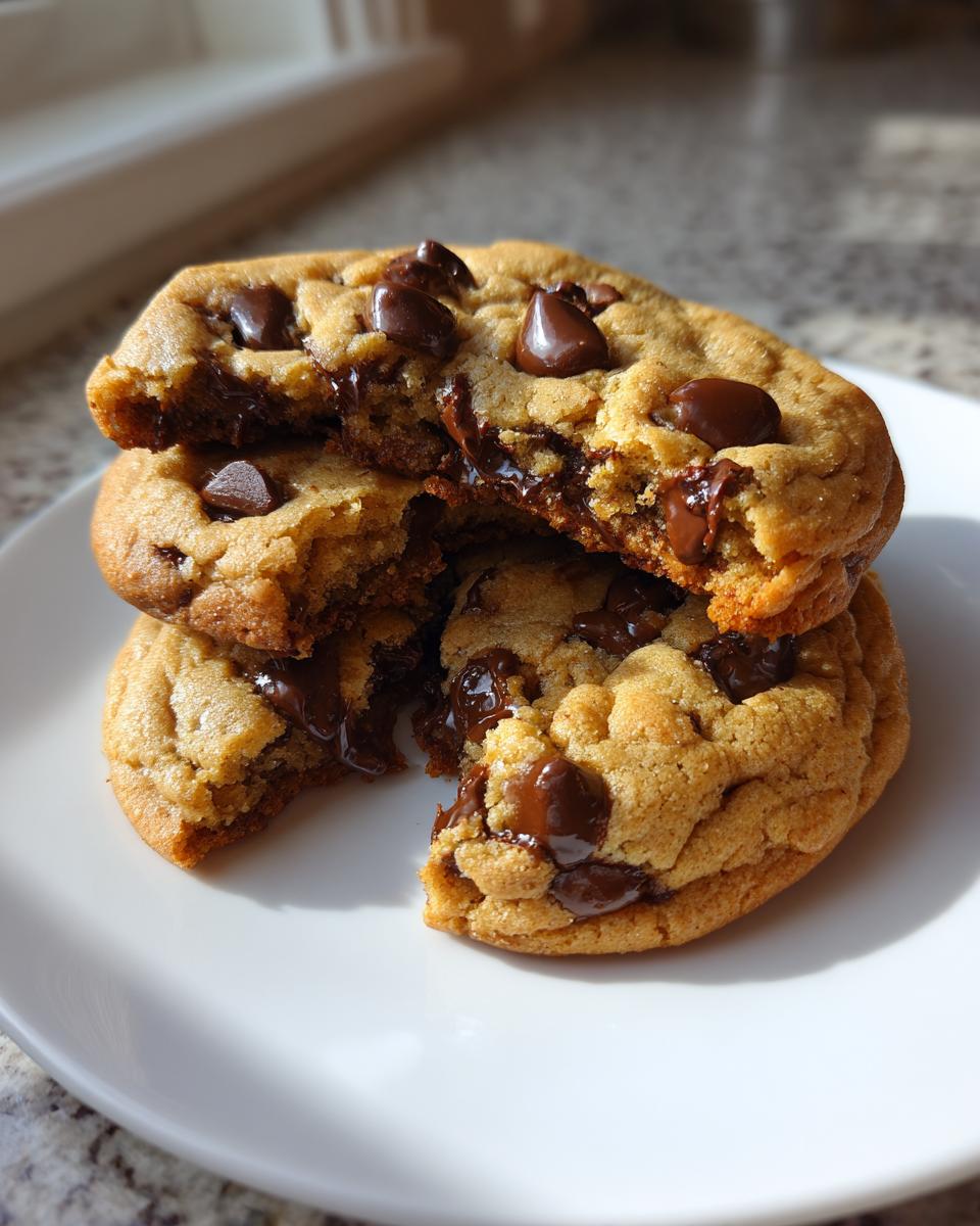 A stack of three golden brown chewy chocolate chip cookies, with the top one broken open revealing melted chocolate.