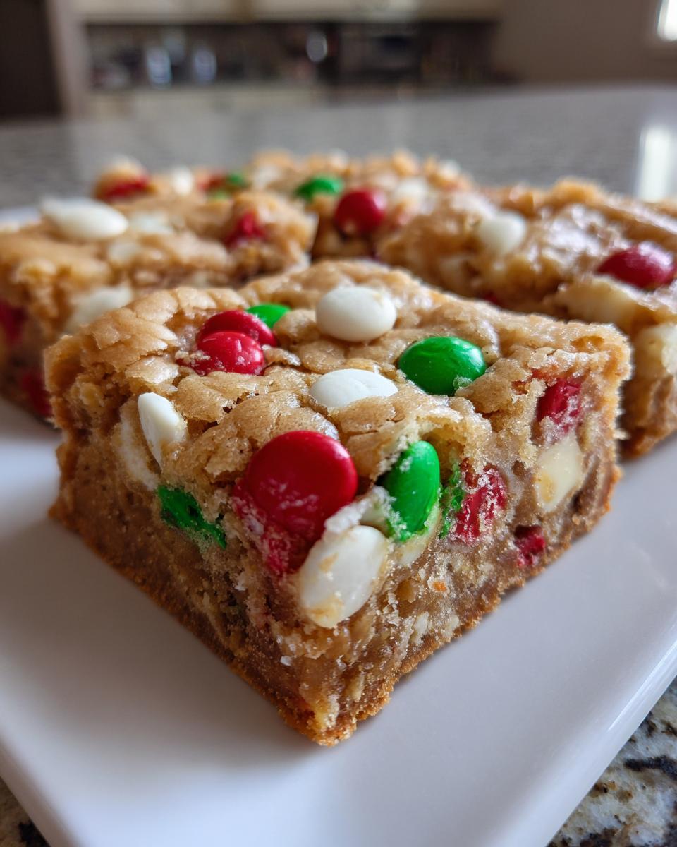 Close-up of a chewy christmas cookie bars square topped with red, green, and white candies.
