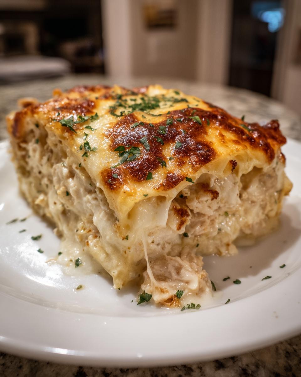 A close-up of a serving of chicken alfredo lasagna with a bubbly, browned cheese top and melted cheese dripping onto the plate.