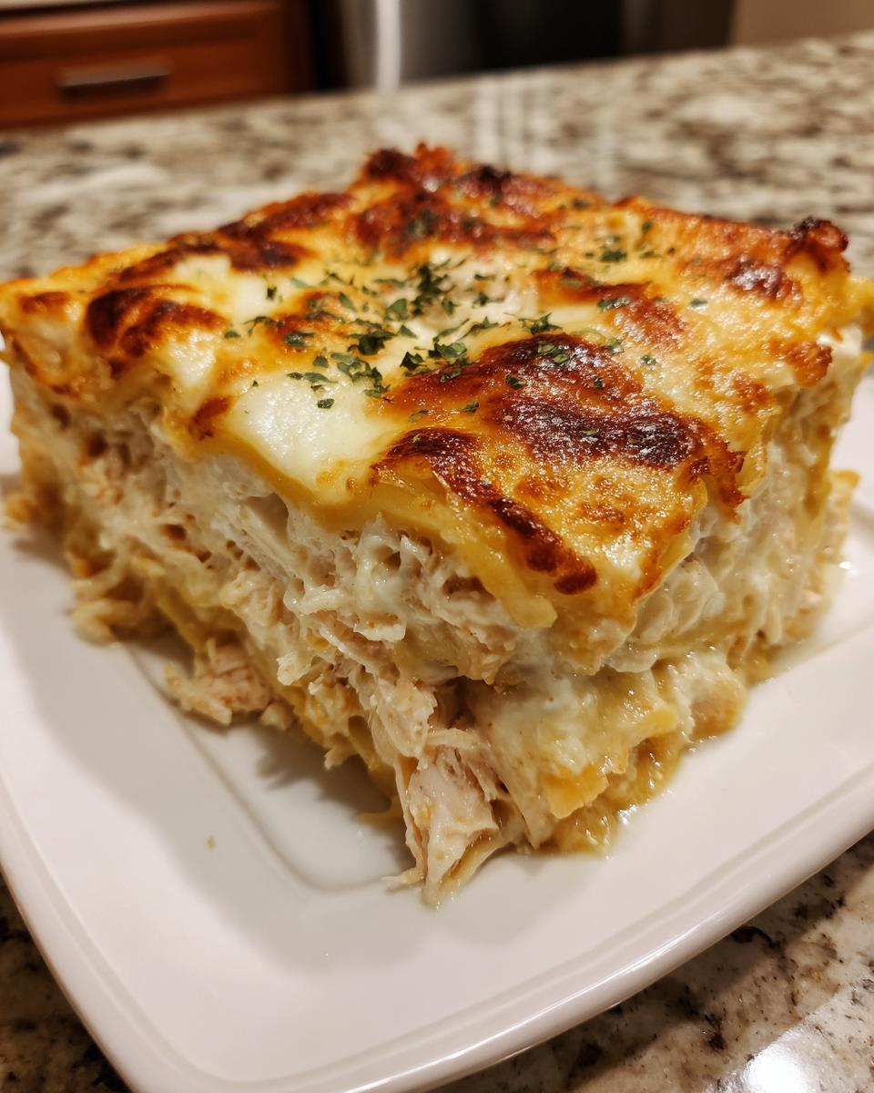 A generous square slice of creamy chicken alfredo lasagna with a browned, cheesy top garnished with parsley.
