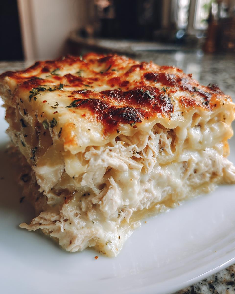Close-up of a rich slice of chicken alfredo lasagna showing layers of pasta, creamy sauce, shredded chicken, and a bubbly, browned cheese topping.