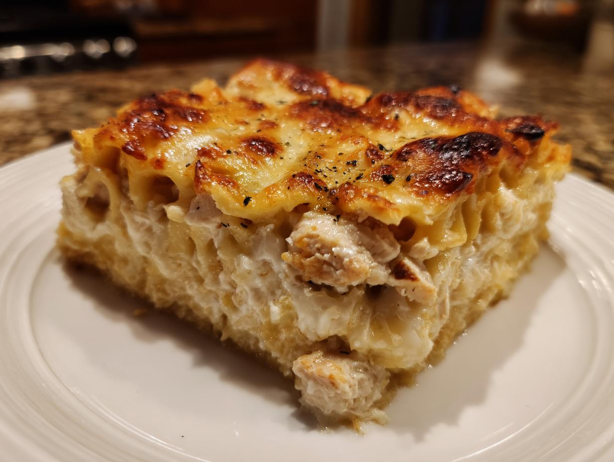 A thick, square slice of baked chicken alfredo lasagna featuring creamy filling and a richly browned, cheesy top.