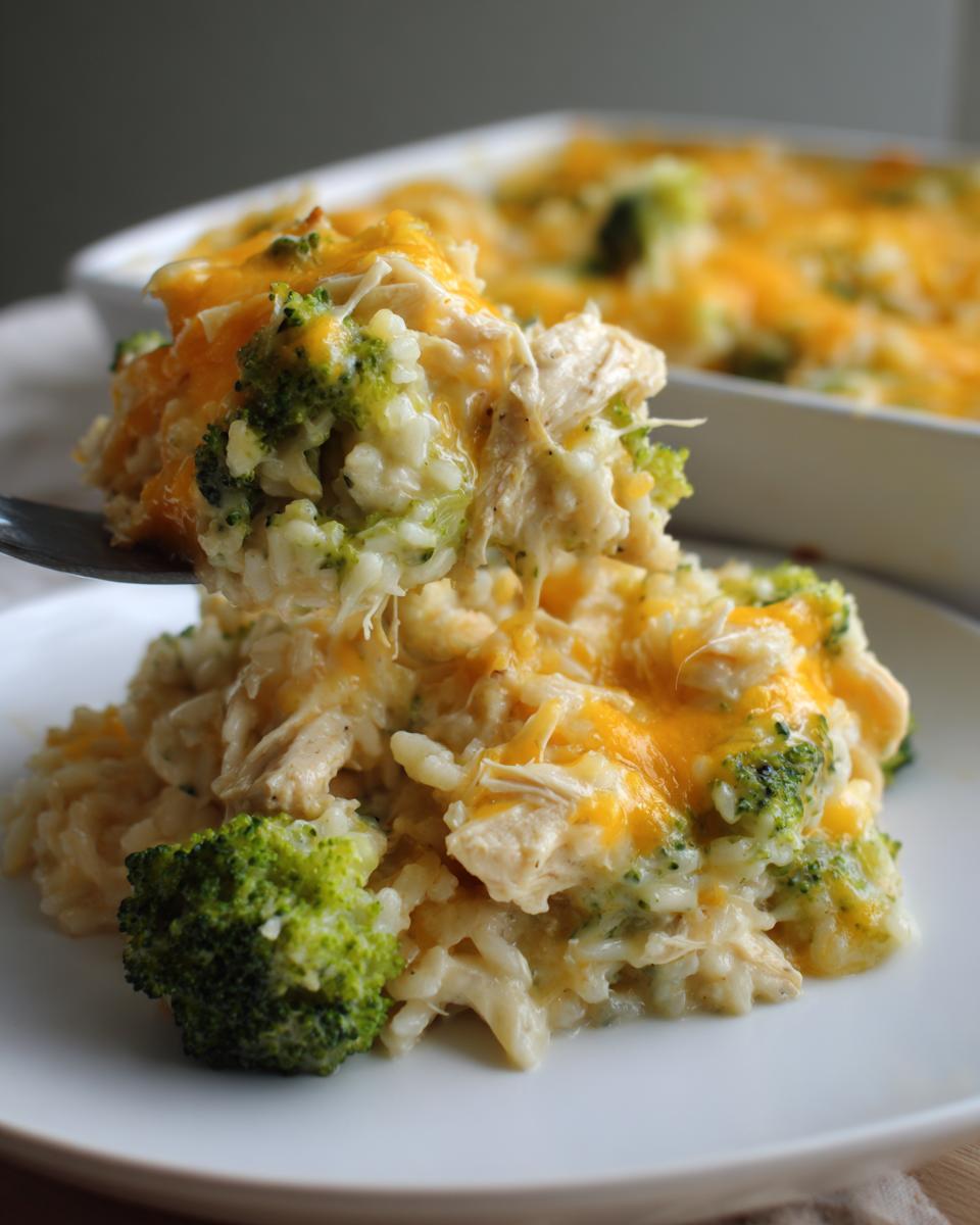 A spoonful of creamy chicken broccoli rice casserole topped with melted cheddar cheese being lifted from a plate.