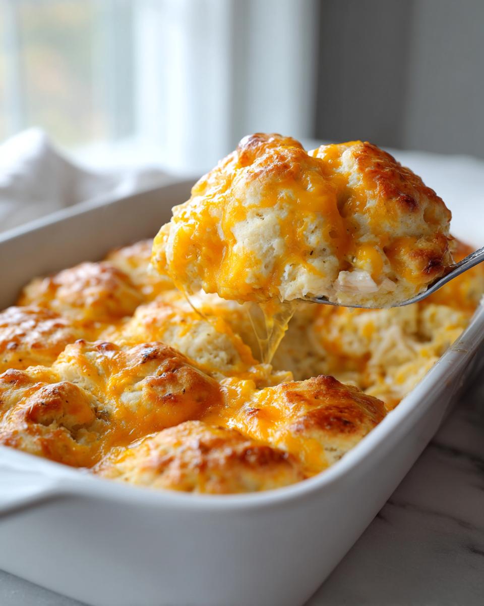 A spoonful of cheesy chicken bubble biscuit bake casserole being lifted from a white baking dish, showing melted cheddar cheese.