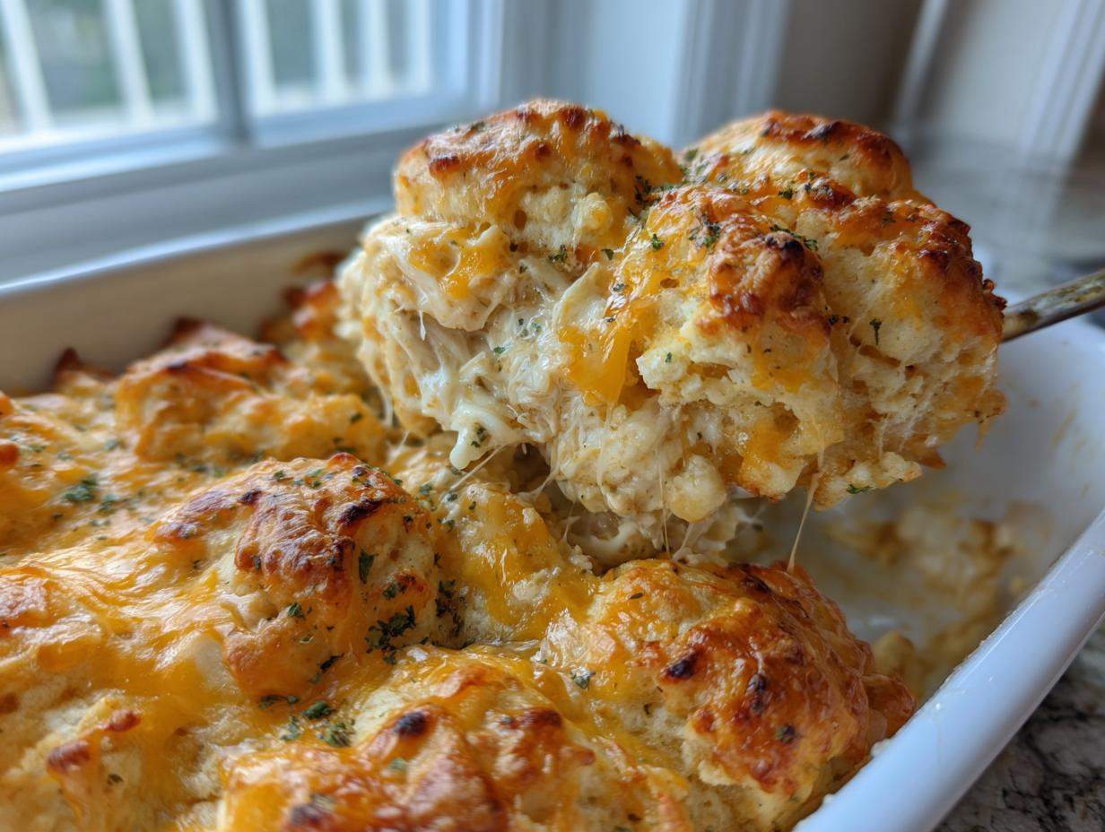 A spoonful of cheesy chicken bubble biscuit bake casserole being lifted from a white dish, showing stringy melted cheese.