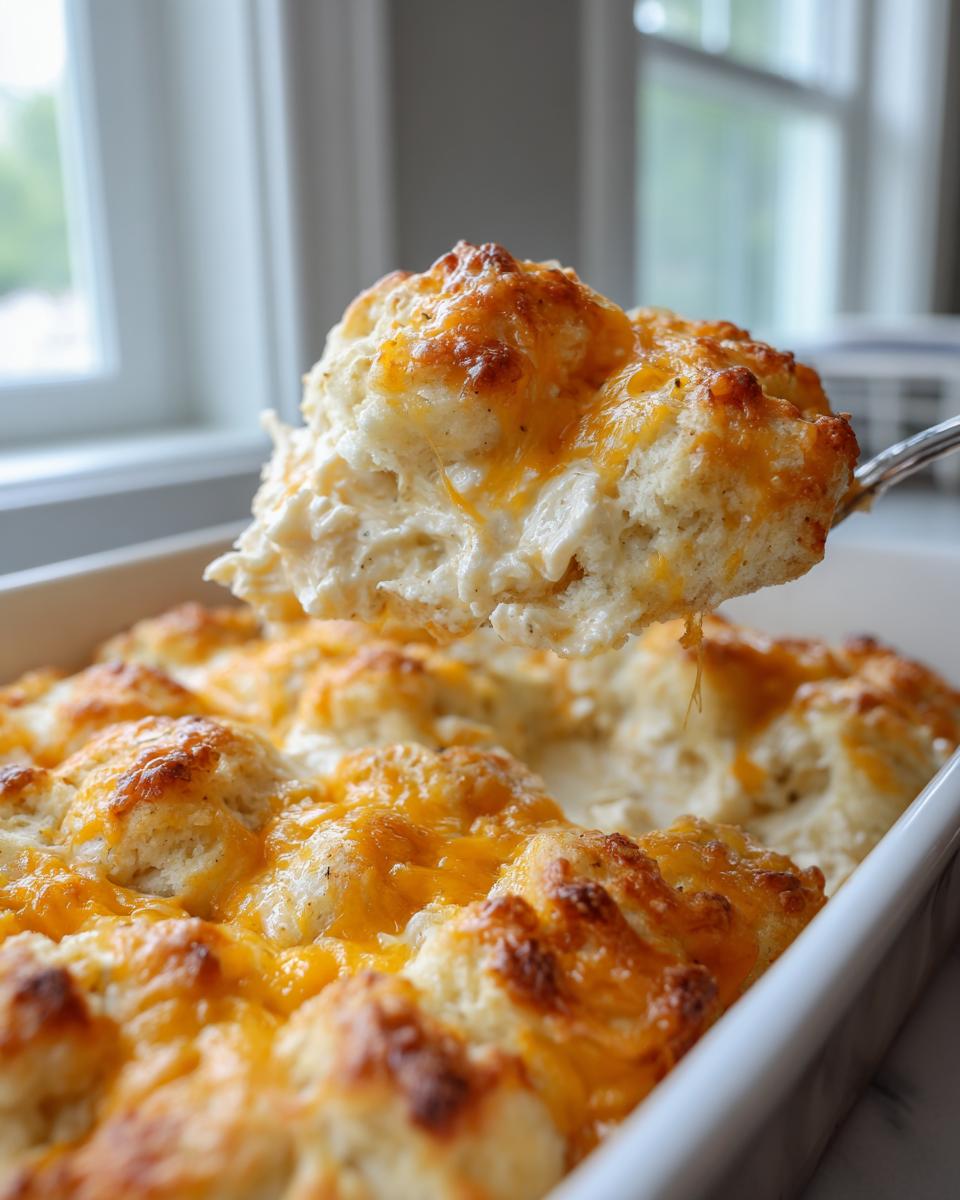 A spoonful of creamy chicken bubble biscuit bake casserole topped with melted cheddar cheese being lifted from the dish.