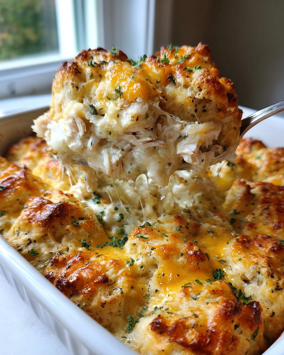 A spoonful of creamy, cheesy chicken bubble biscuit bake casserole being lifted from the dish.