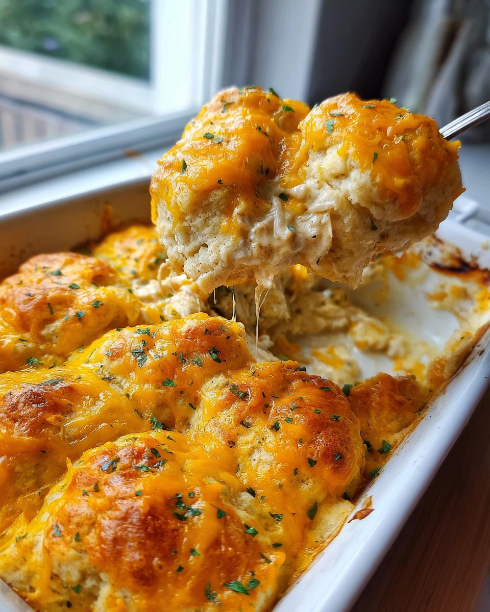 A spoonful of cheesy chicken bubble biscuit bake casserole being lifted from a white baking dish.
