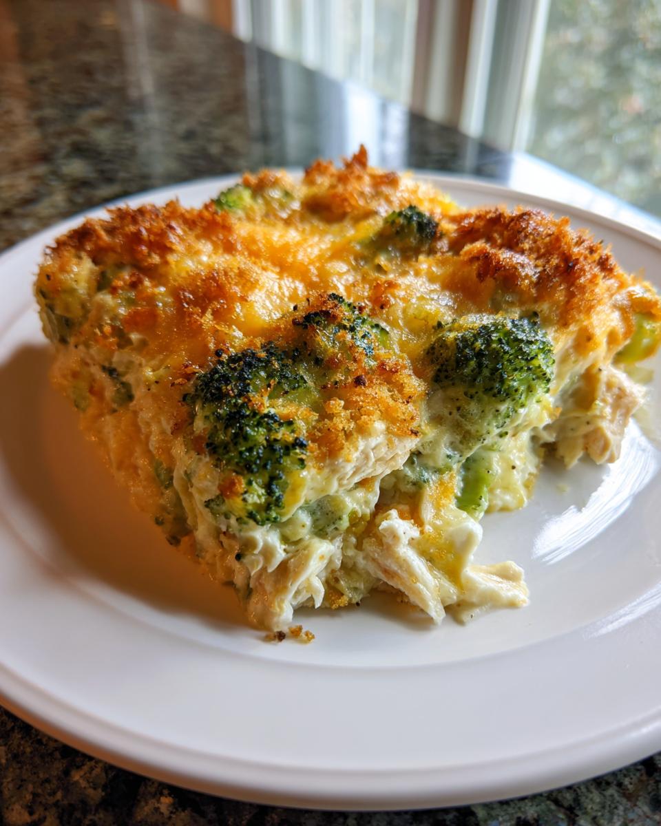A close-up serving of creamy Chicken Divan casserole featuring shredded chicken, broccoli florets, and a golden, cheesy, crunchy topping.