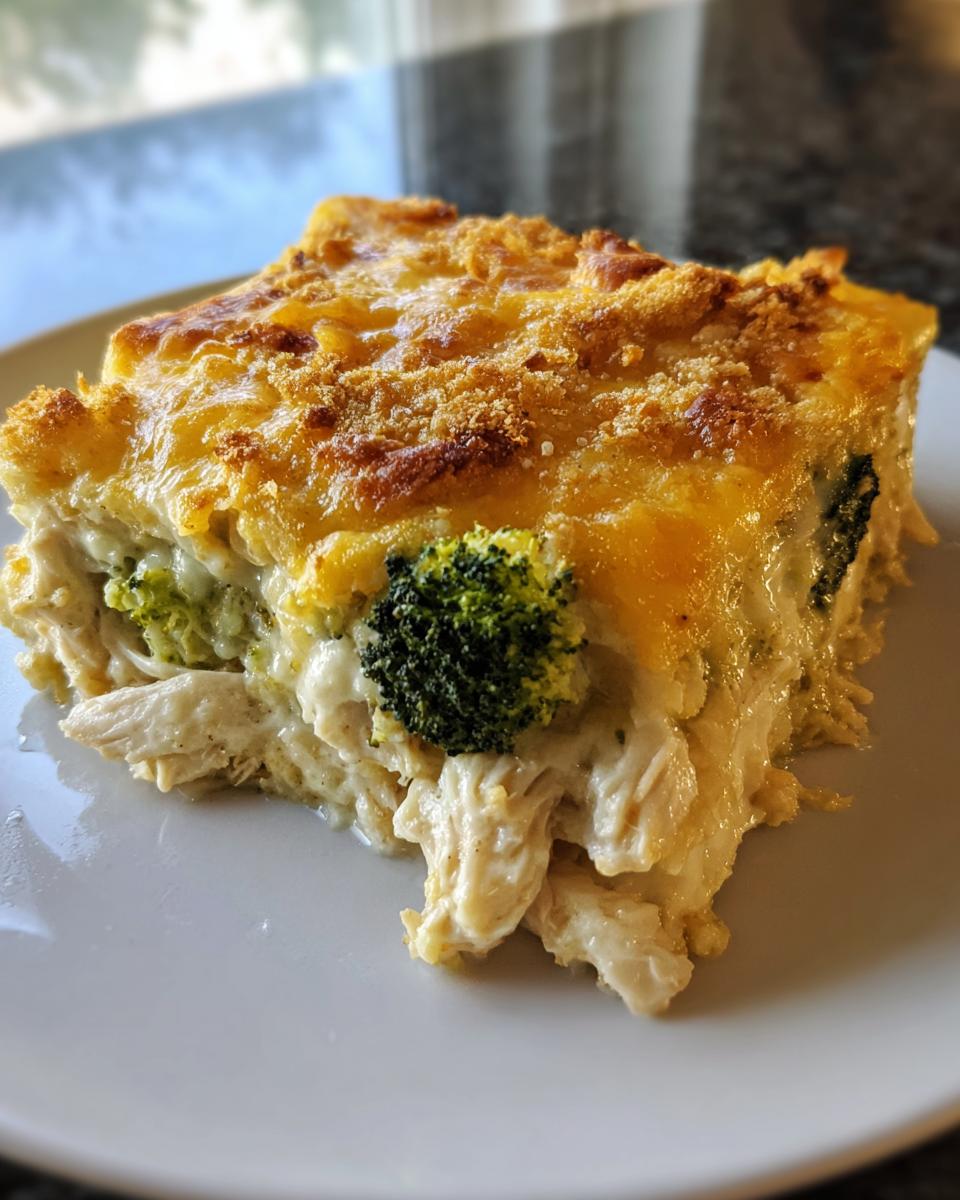 A close-up serving of Chicken Divan showing shredded chicken, creamy sauce, broccoli florets, and a golden baked cheese topping.