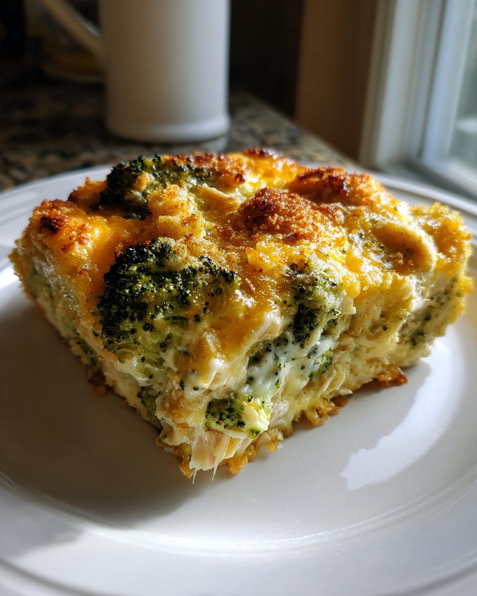 A square slice of baked Chicken Divan casserole with visible broccoli florets and a golden, cheesy crust.