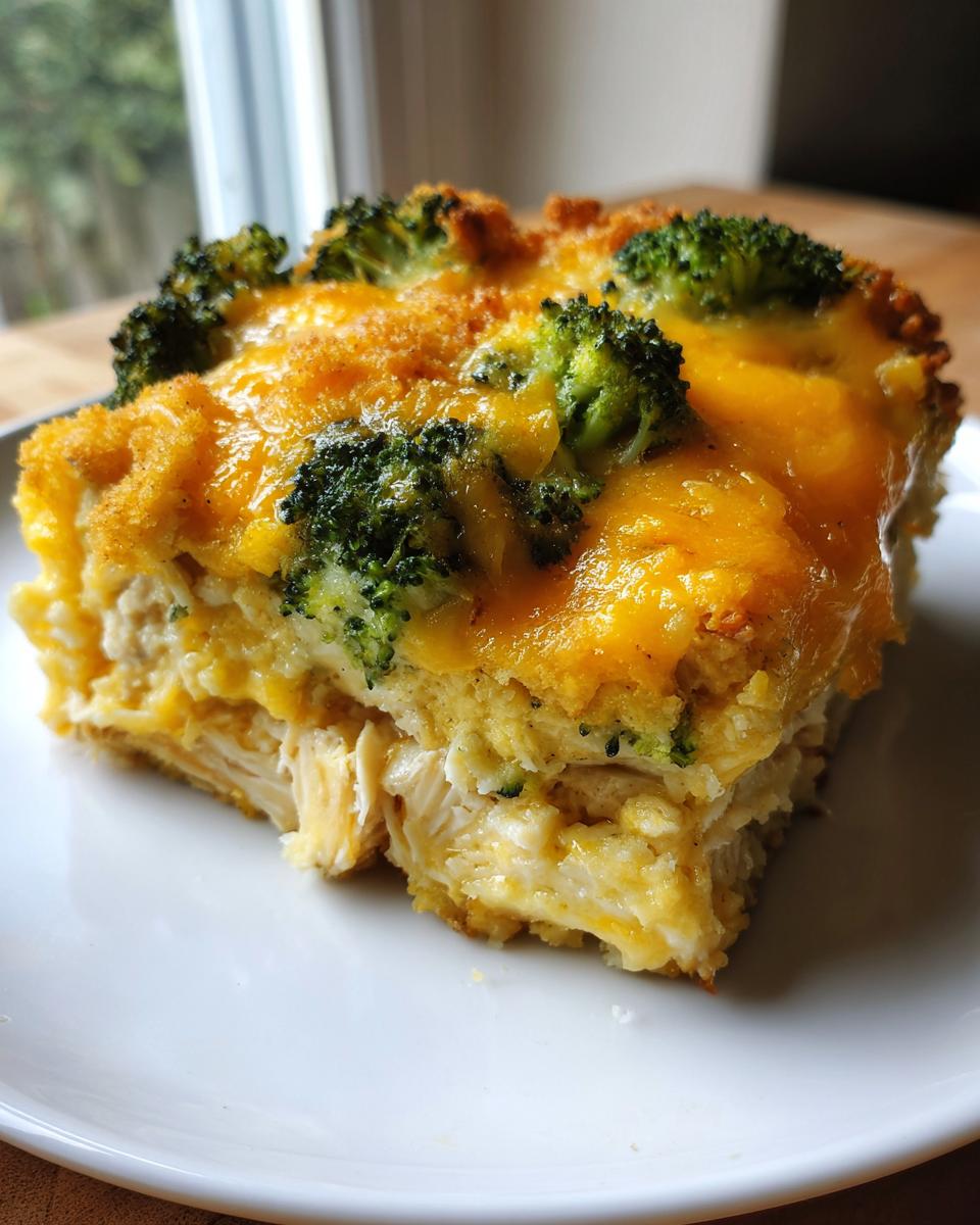 A close-up slice of Chicken Divan showing shredded chicken, creamy sauce, melted cheddar cheese, and broccoli florets.