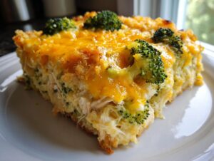A thick, golden slice of Chicken Divan casserole topped with melted cheddar cheese and bright green broccoli florets.
