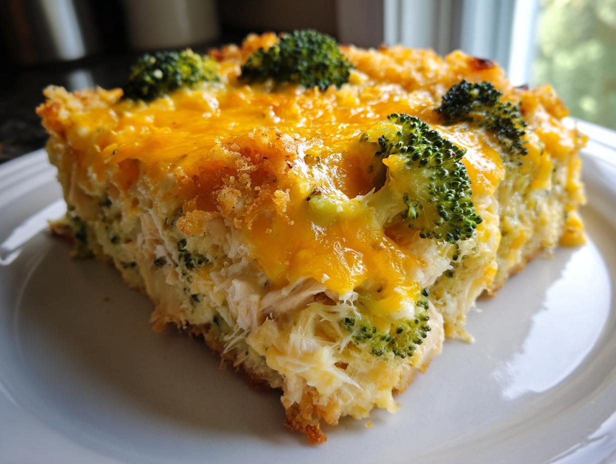 A thick, golden slice of Chicken Divan casserole topped with melted cheddar cheese and bright green broccoli florets.