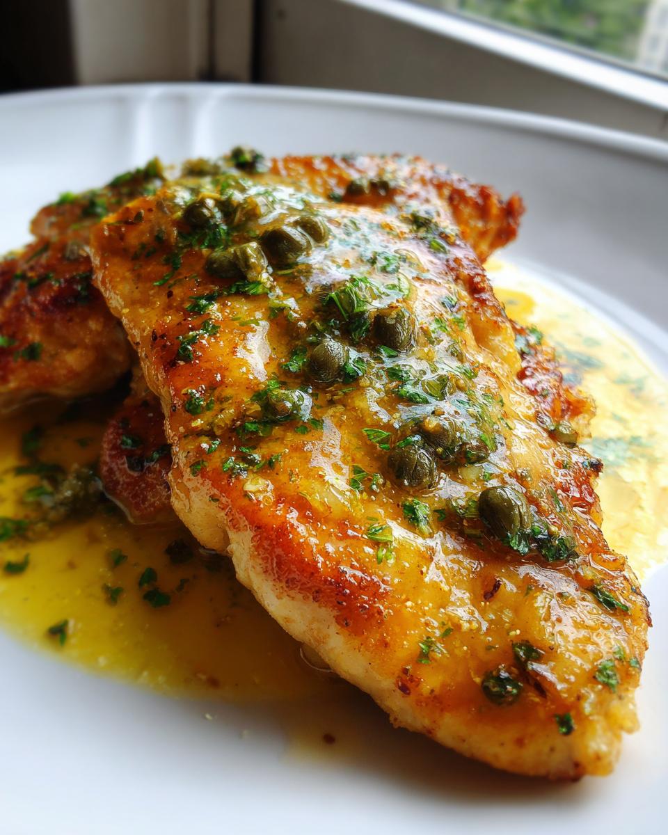 Close-up of pan-seared chicken piccata topped with a bright lemon-butter sauce, capers, and fresh parsley.