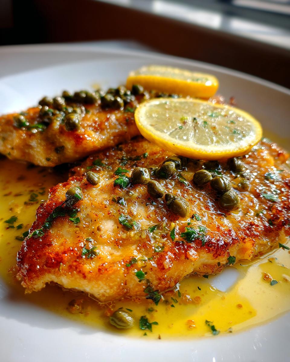 Two golden-brown fillets of chicken piccata covered in a bright lemon-butter sauce, capers, and parsley, garnished with lemon slices.