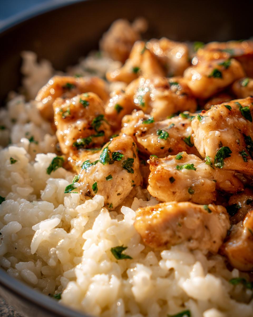 Close-up of glossy, saucy chicken pieces served over fluffy white garlic parmesan rice, garnished with parsley.
