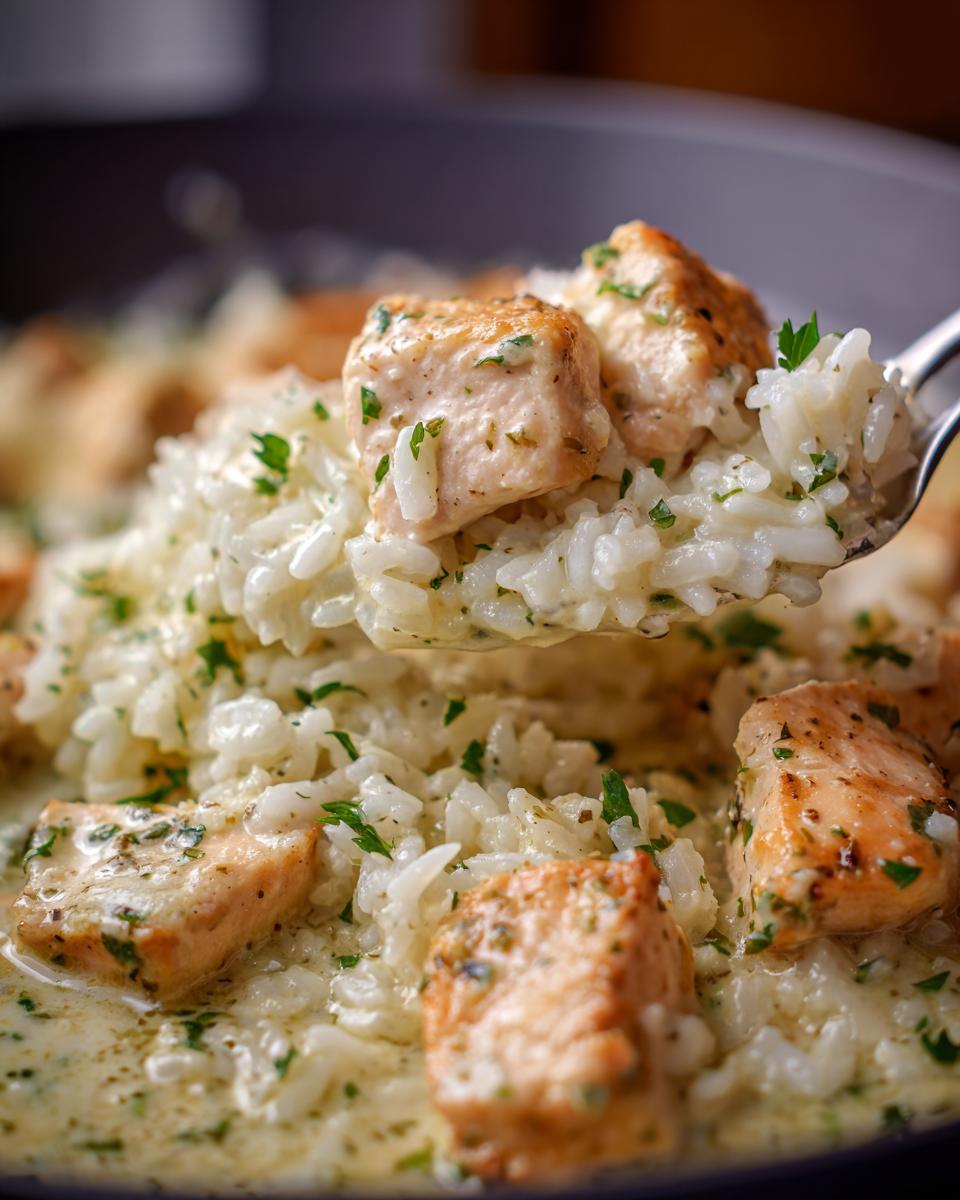 A spoonful of creamy garlic parmesan rice topped with golden pieces of chicken scampi, garnished with parsley.