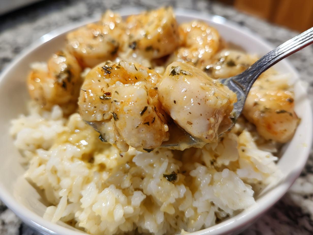 A fork lifting a piece of saucy chicken scampi over a bowl of creamy garlic parmesan rice.