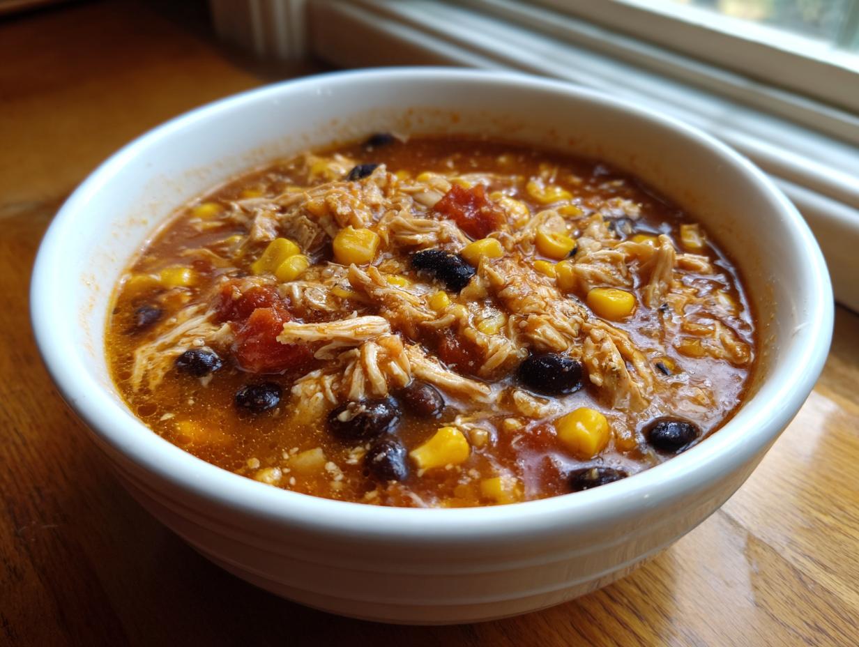 Close-up of a white bowl filled with rich chicken taco soup, featuring shredded chicken, corn, and black beans.