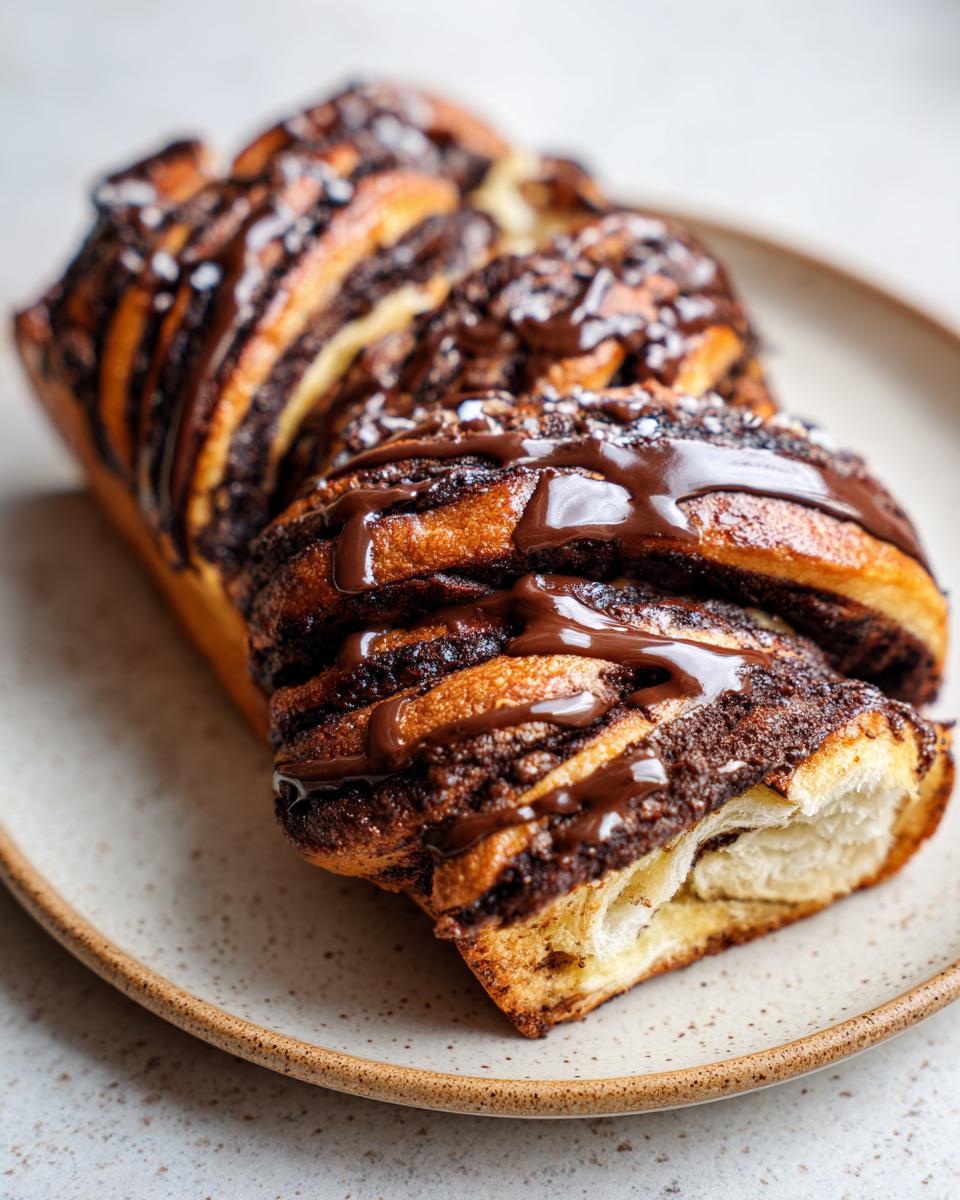 A close-up of a freshly baked chocolate babka loaf, featuring rich swirls and a glossy chocolate drizzle topping.